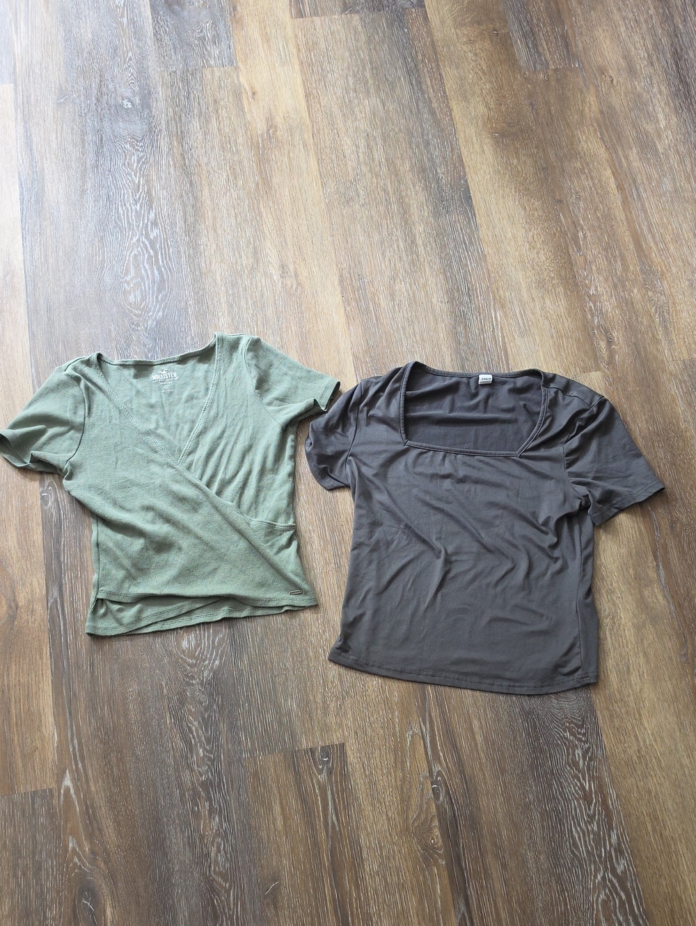 Olive Green Wrap Top & Charcoal Scoop Neck Tee - Two-Piece Set